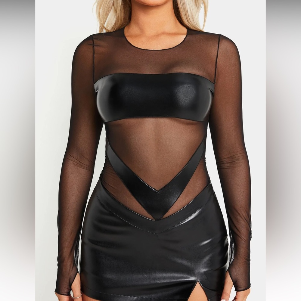 Mesh PU Leather Splicing Long Sleeve Bodysuit